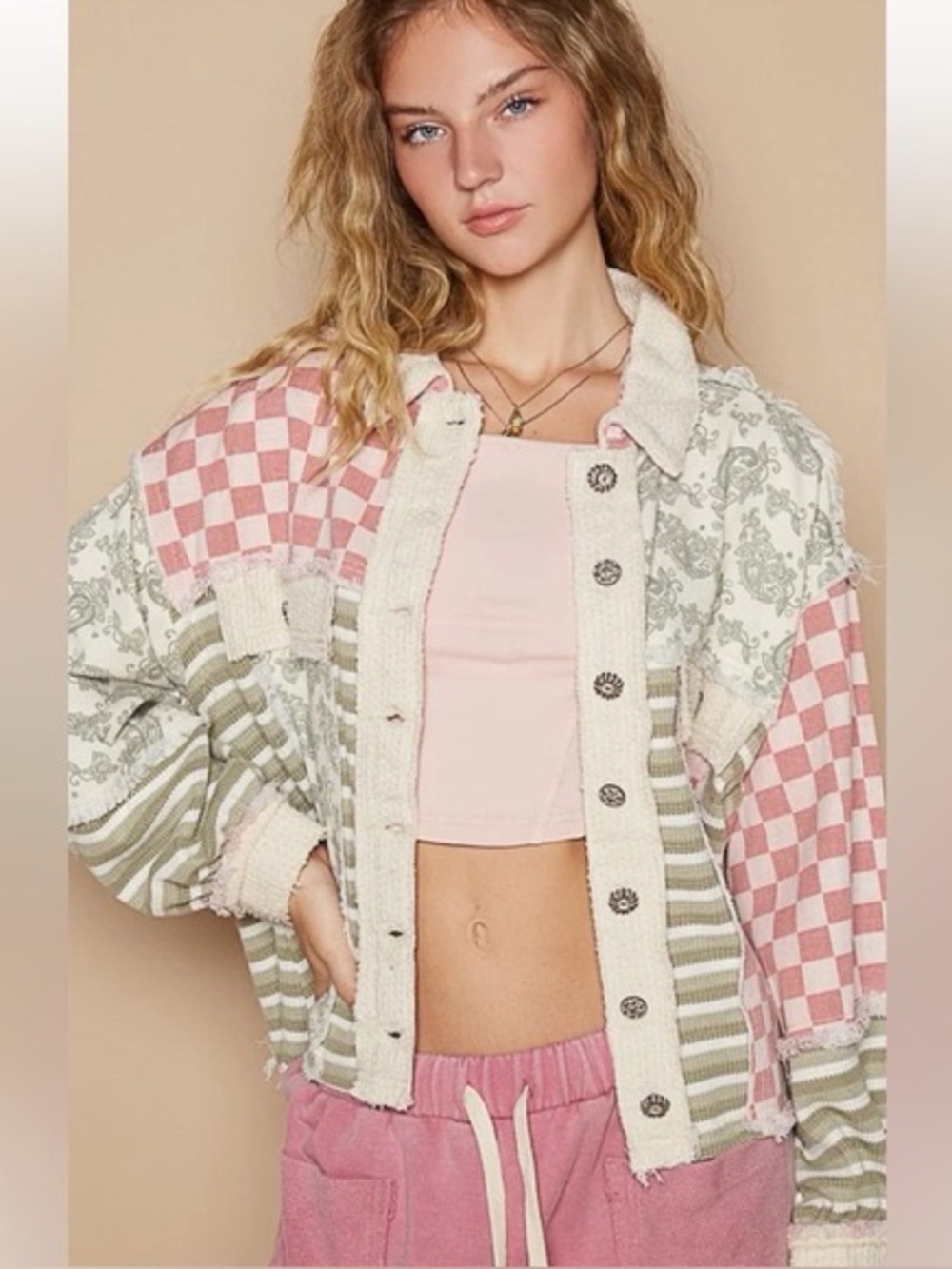 POL Pink & Cream Patchwork Button-Up Jean Jacket Size M